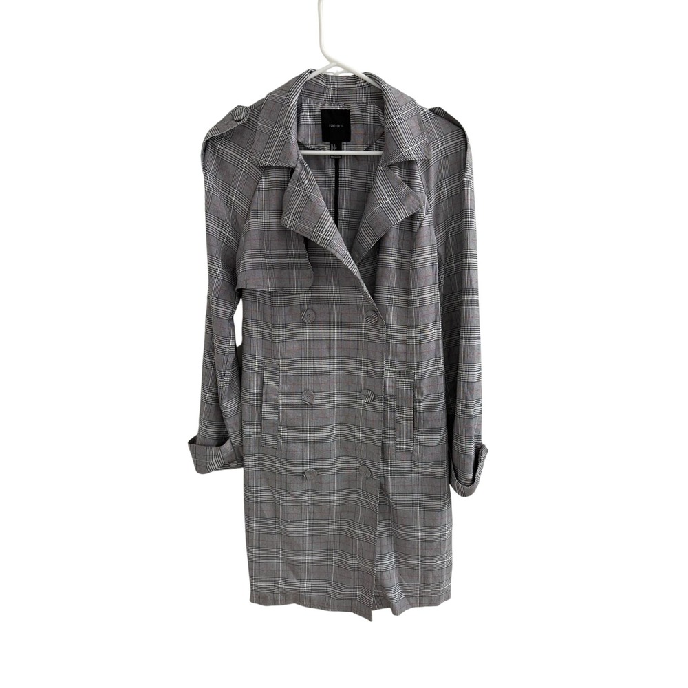 Forever 21 Grey Plaid Double Breasted Trench Coat Jacket Small Glen Check Grey - Picture 1 of 6